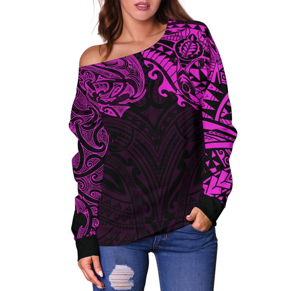 New Zealand Women's Off Shoulder Sweater, Maori Polynesian Tattoo Purple - Vibe Hoodie