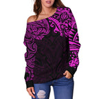 New Zealand Women's Off Shoulder Sweater, Maori Polynesian Tattoo Purple - Vibe Hoodie