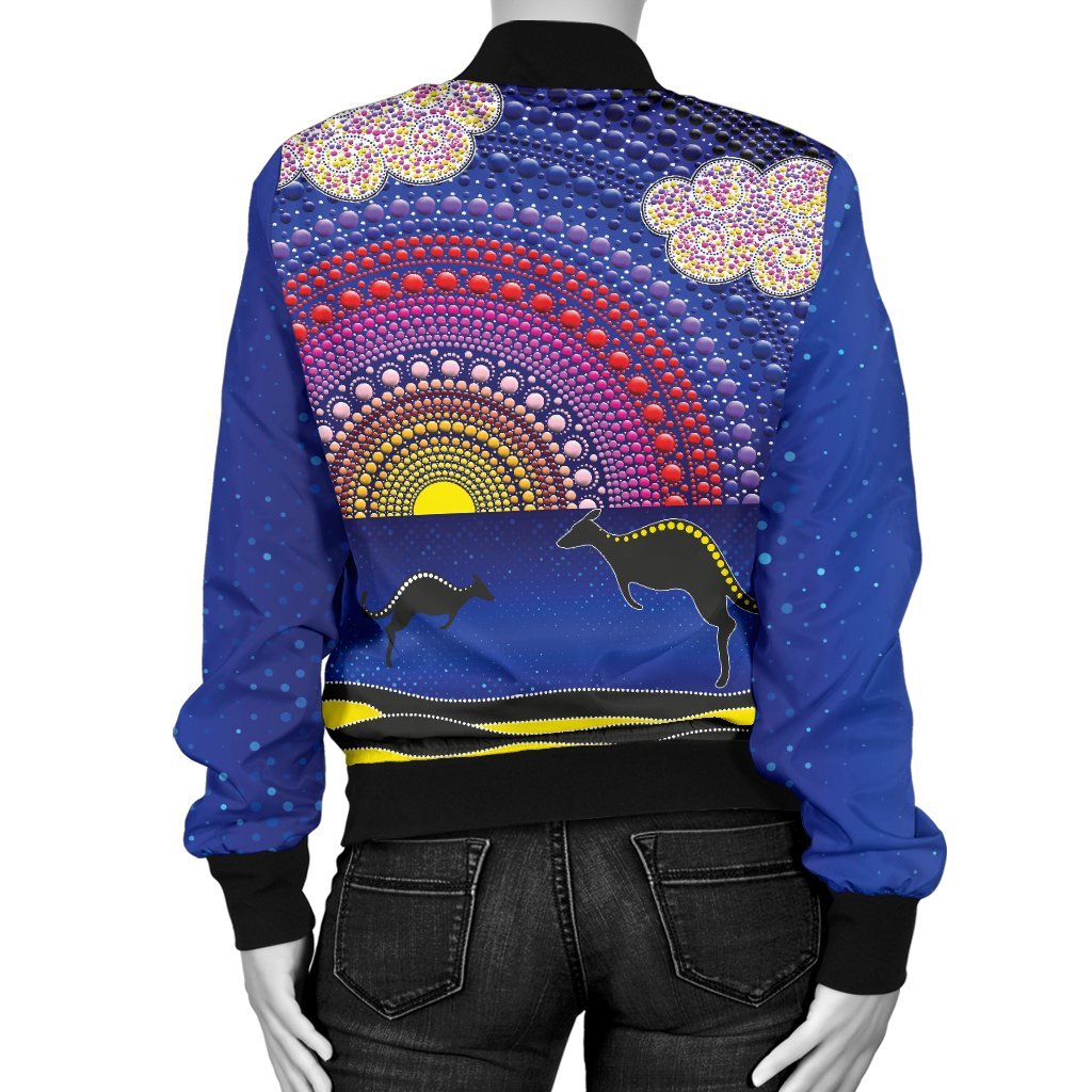 aboriginal-womens-bomber-jacket-sunset-over-the-sea-and-kangaroo-dot-painting
