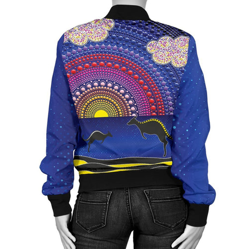 aboriginal-womens-bomber-jacket-sunset-over-the-sea-and-kangaroo-dot-painting
