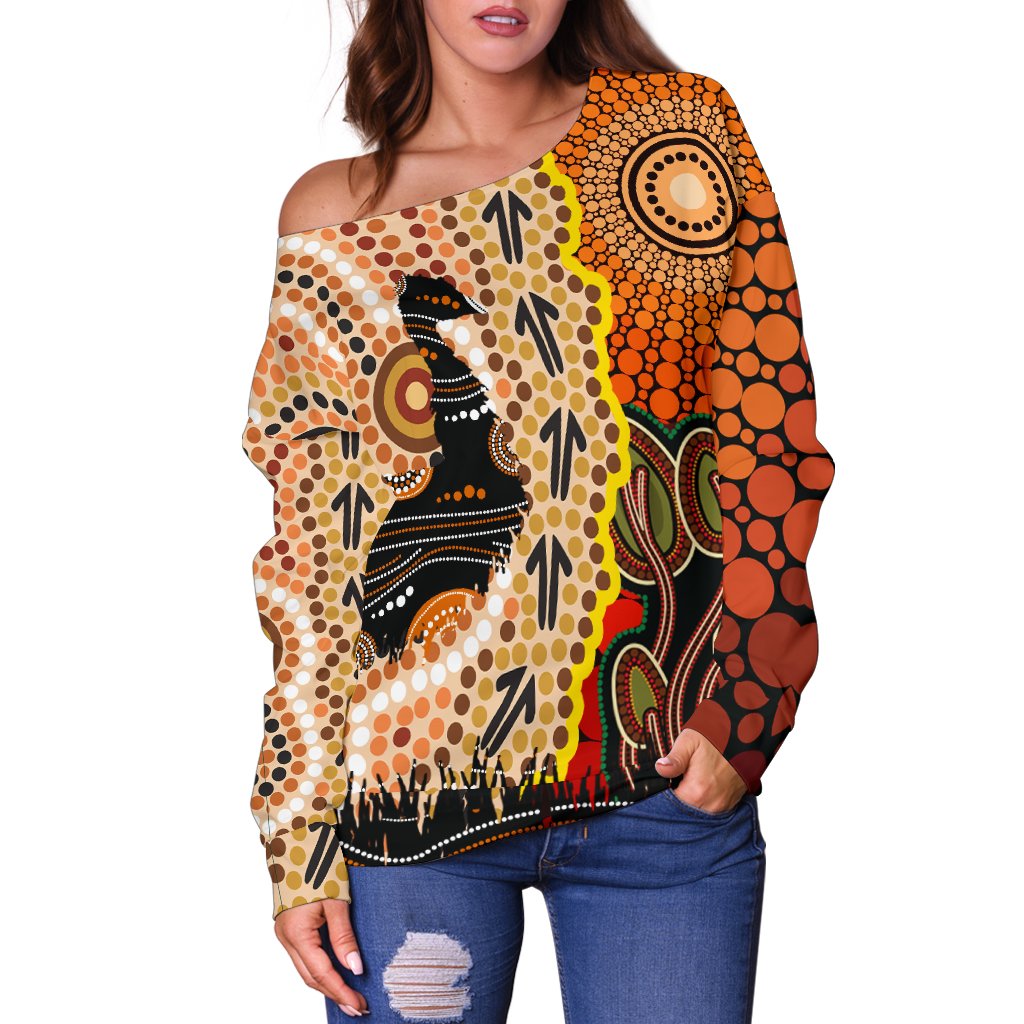 Off Shoulder Sweater - Australian Aboriginal Sun and Emu - Vibe Hoodie