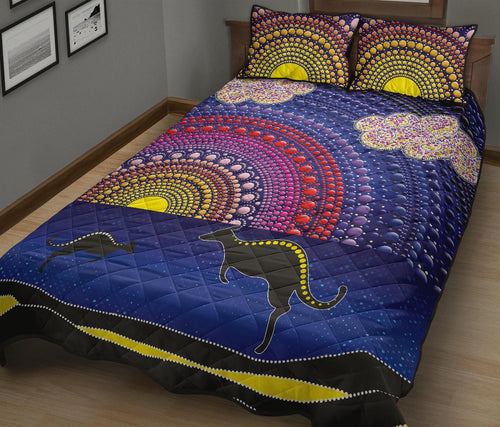 aboriginal-quilt-bed-set-sunset-over-the-sea-and-kangaroo-dot-painting