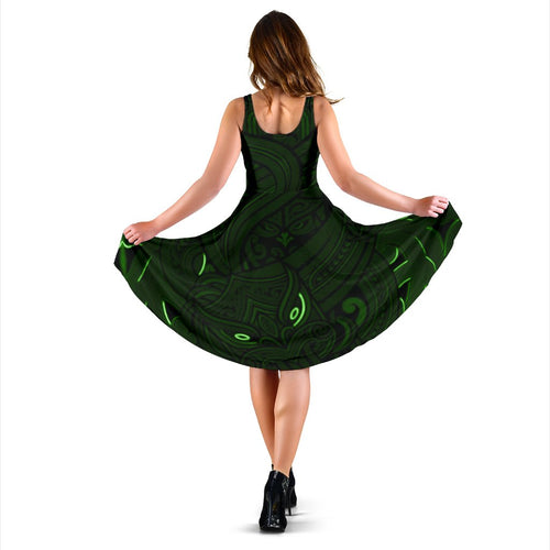 New Zealand Maori Gods Women Midi Dress Tumatauenga (God of War) - Green - Vibe Hoodie