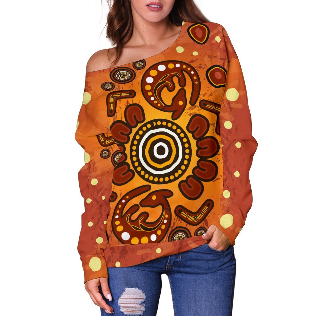 Aboriginal Women's Off Shoulder  - Baby Kangaroo And Dot Painting Patterns - Vibe Hoodie