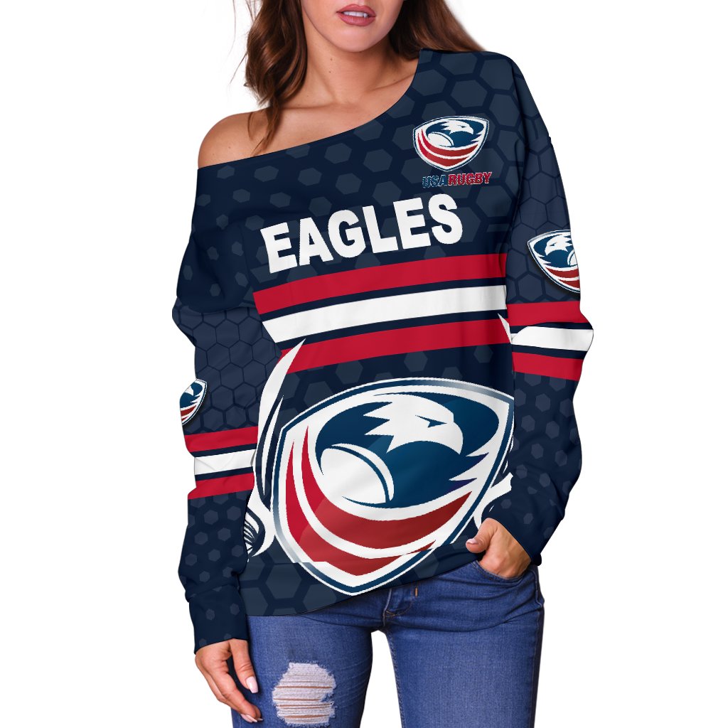 USA Rugby Women's Off Shoulder Sweater Eagles Simple Style - Full Navy - Vibe Hoodie