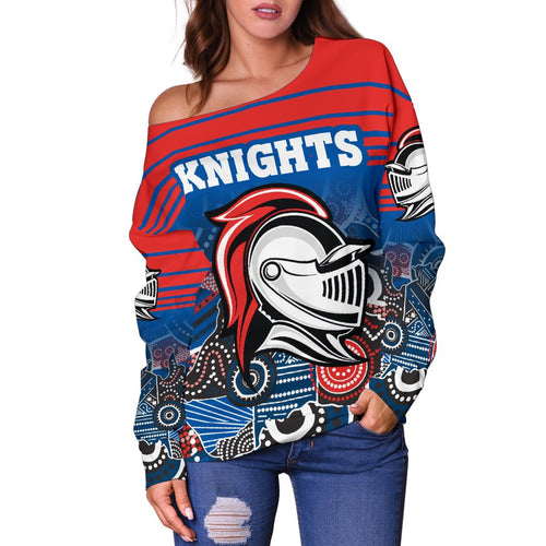 (Custom Personalised) Knights Women's Off Shoulder Sweater Newcastle Aboriginal Horizontal Style - White TH12 - Vibe Hoodie