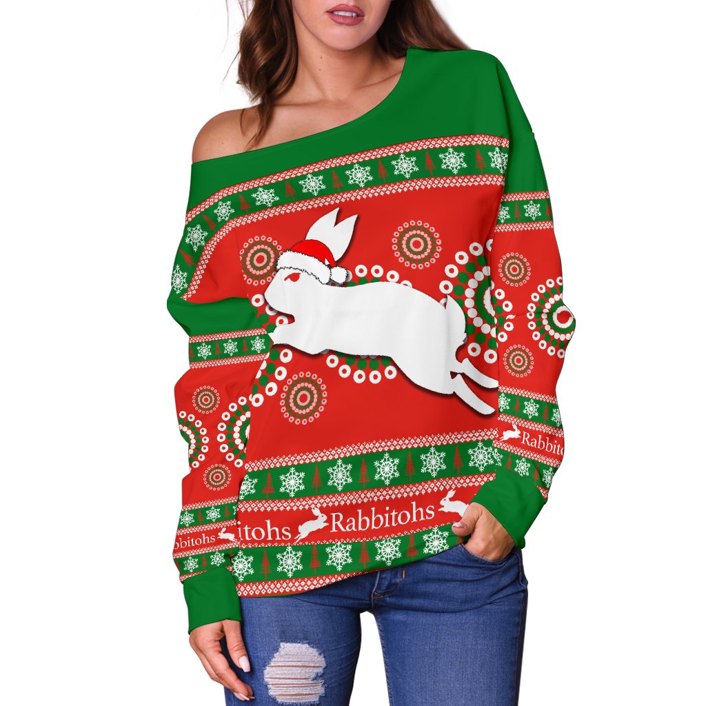 Rabbitohs Christmas Women's Off Shoulder Sweater - Vibe Hoodie