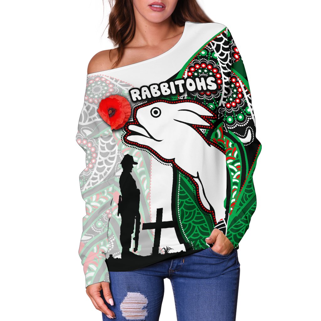 (Custom Personalised) Rabbitohs Women's Off Shoulder Sweater Indigenous Anzac Day - Vibe Hoodie