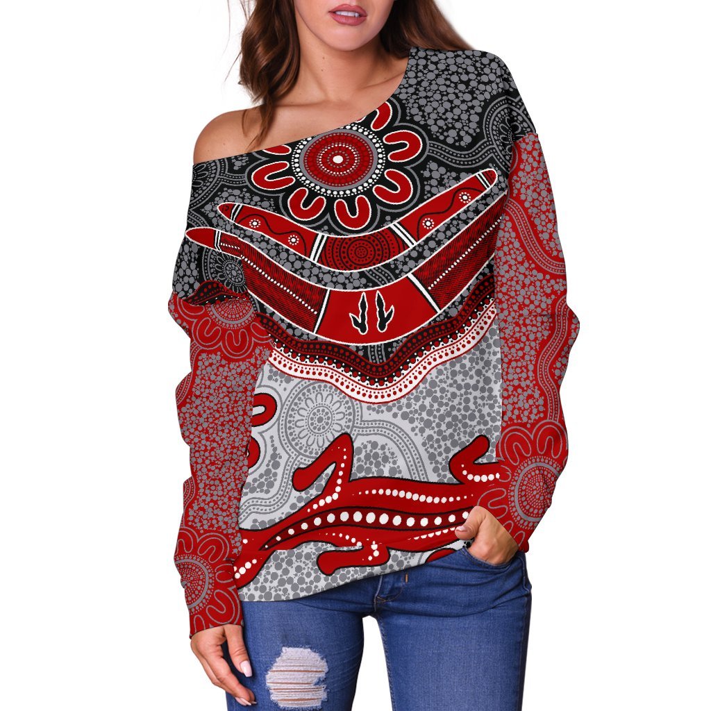 Aboriginal Women's Off Shoulder Sweater - Indigenous Boomerang and Lizard Art - Vibe Hoodie