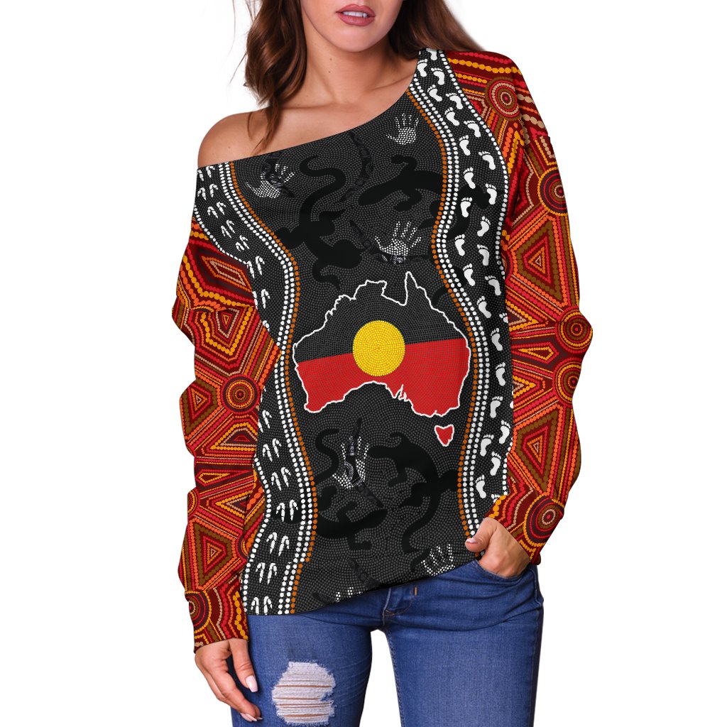 Aboriginal Women's Off Shoulder Sweater - Australia Indigenous Map - Vibe Hoodie