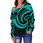 New Zealand Maori Mangopare Women Off Shoulder Sweater Polynesian - Turquoise - Vibe Hoodie
