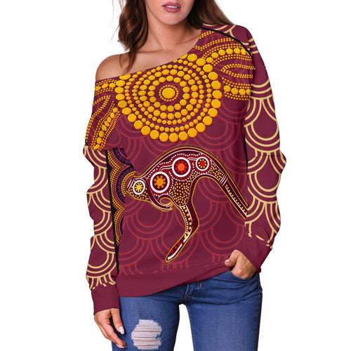 Aboriginal Women's Off Shoulder Sweater - Aboriginal Kangaroo - Vibe Hoodie