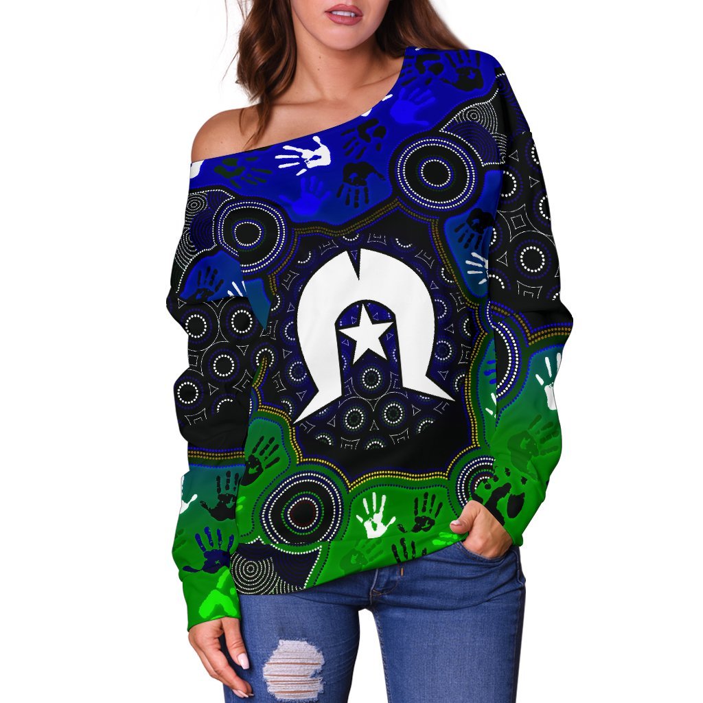 Aboriginal  Women's Off Shoulder Sweater - Torres Strait Symbol With Indigenous Patterns - Vibe Hoodie