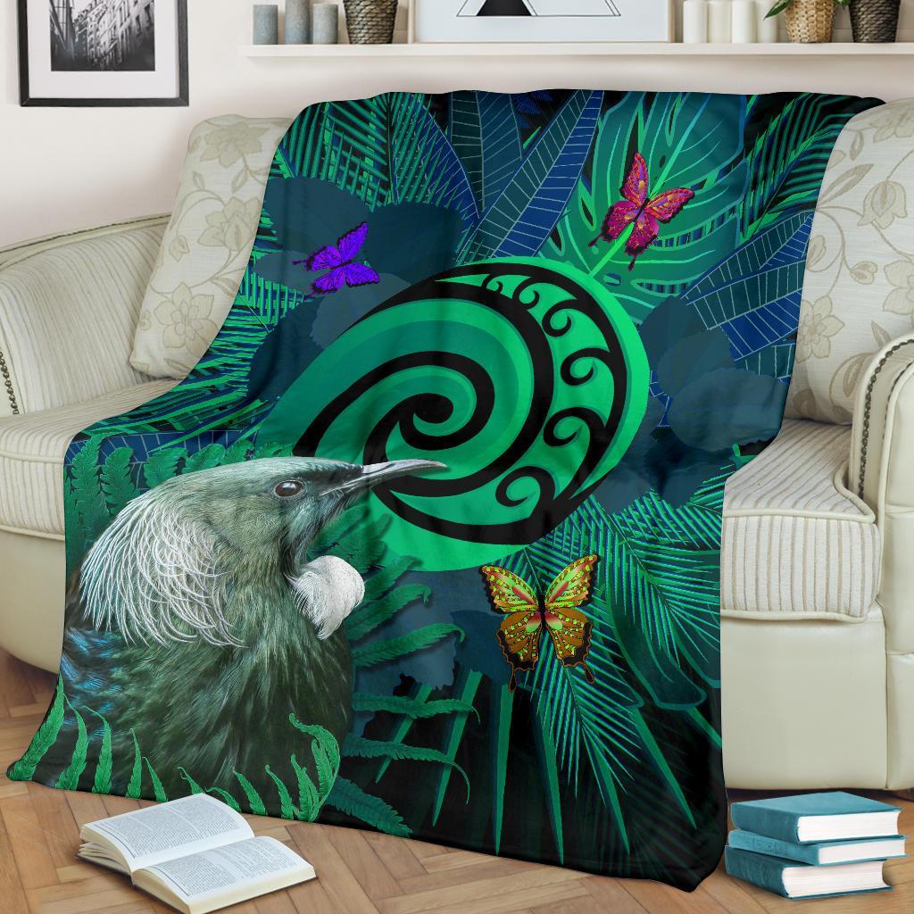 new-zealand-premium-blanket-koru-fern-mix-tui-bird-tropical-floral-turquoise