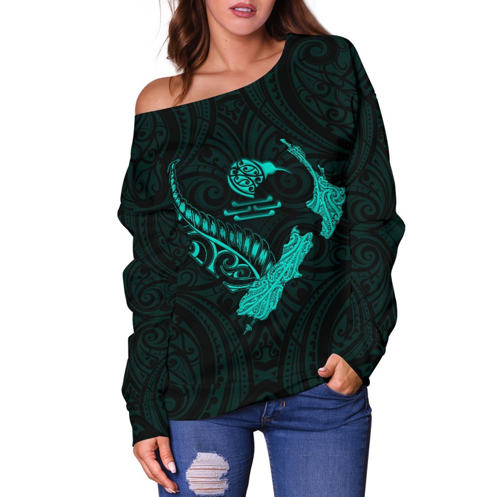 New Zealand Heart Women's Off Shoulder Sweater - Map Kiwi mix Silver Fern Turquoise - Vibe Hoodie