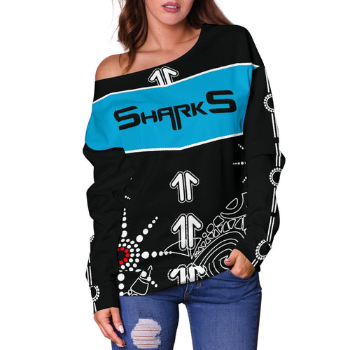 Sharks Women's Off Shoulder Sweater Aboriginal Black - Vibe Hoodie
