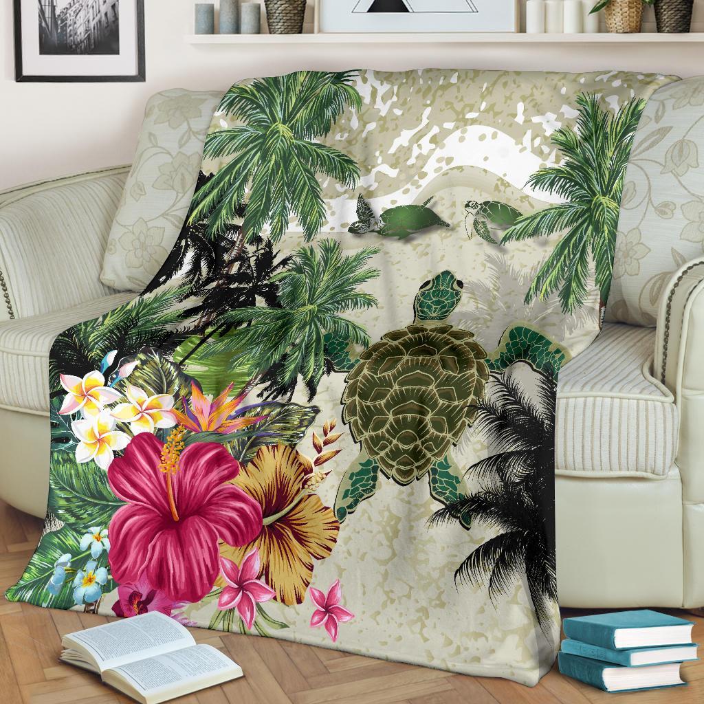 turtle-and-coconut-tree-premium-blanket-hibiscus-and-turtle-on-the-beach