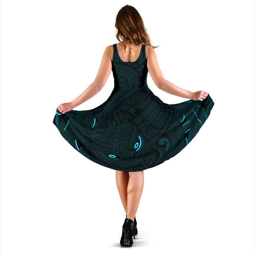 New Zealand Maori Gods Women Midi Dress Tumatauenga (God of War) - Blue - Vibe Hoodie
