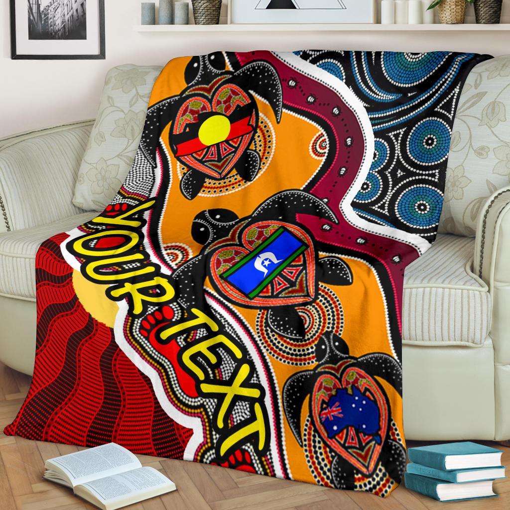 custom-premium-blanket-australia-aboriginal-dots-with-turtle-and-naidoc-flags