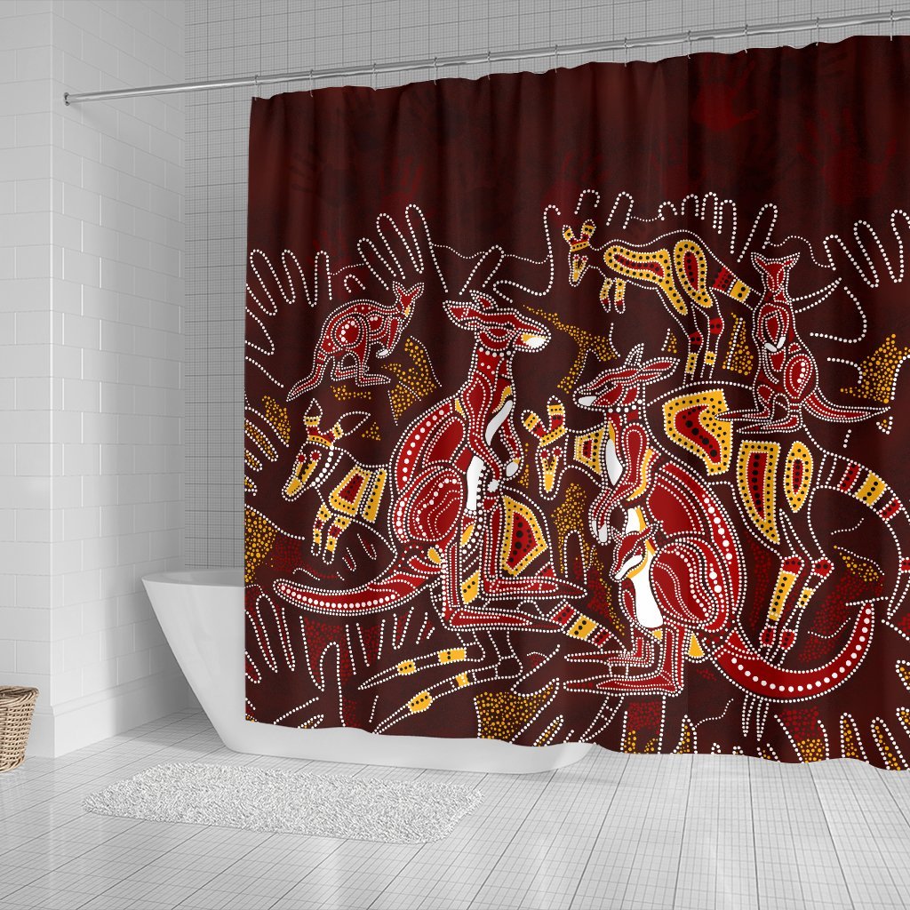 aboriginal-shower-curtain-kangaroo-family-with-hand-art