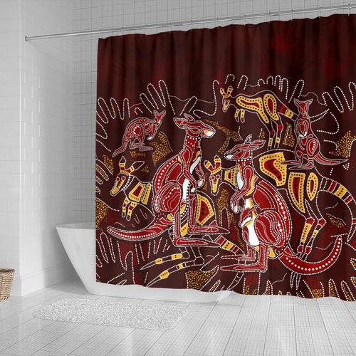 aboriginal-shower-curtain-kangaroo-family-with-hand-art