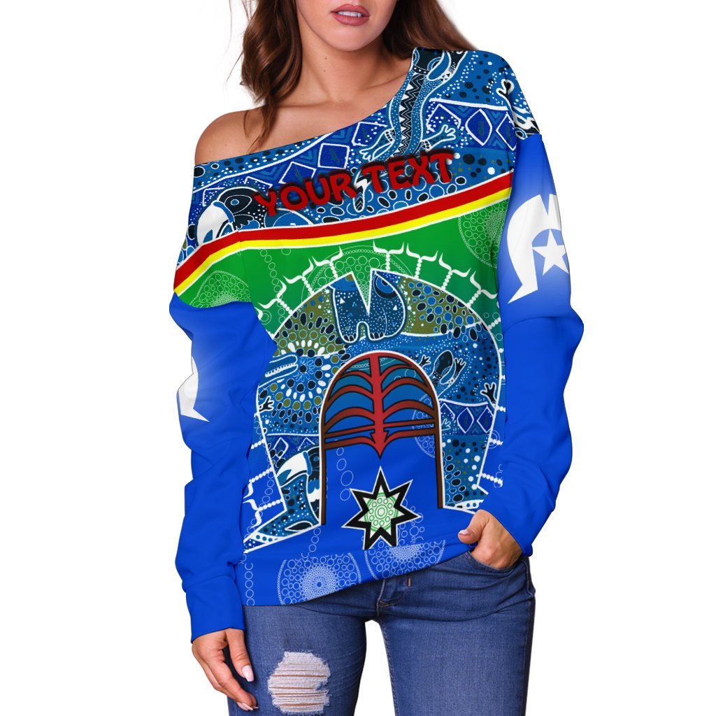 Personalised Women's Off Shoulder - Torres Strait Symbol With Aboriginal Patterns - Vibe Hoodie