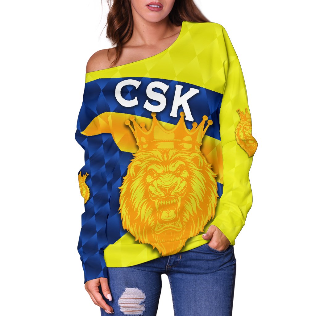 CSK Women Off Shoulder Sweater Cricket Sporty Style - Vibe Hoodie