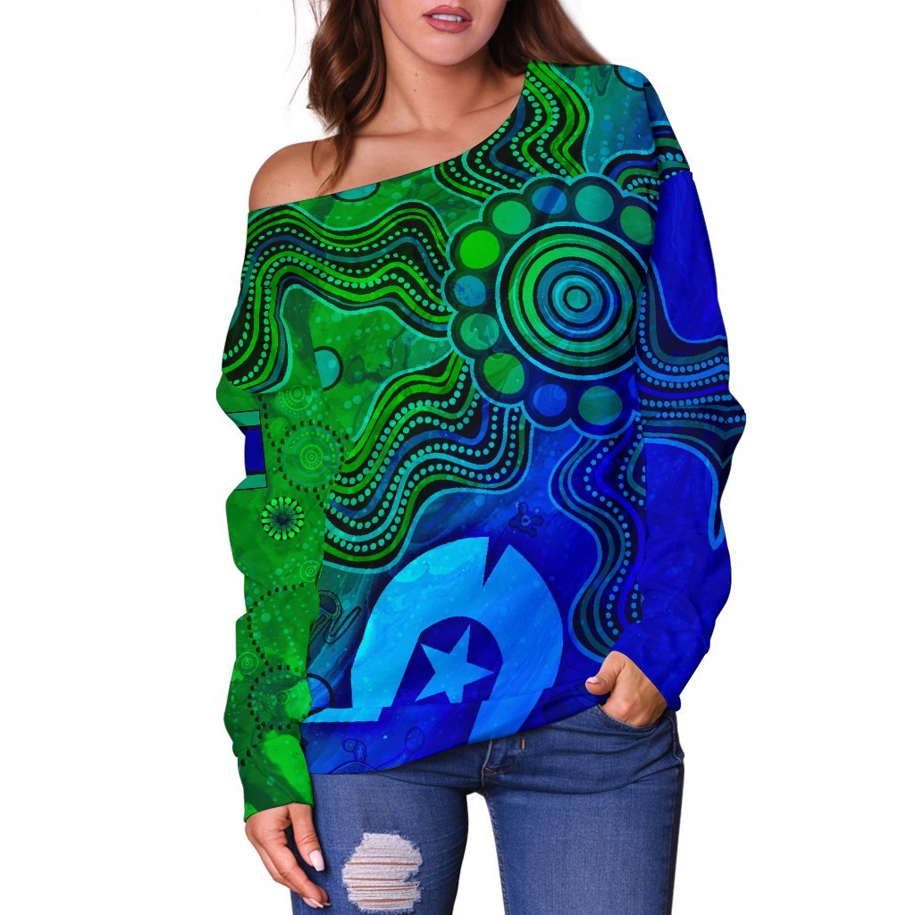 Aboriginal Women's Off Shoulder Sweater , Torres Strait Islands Flag - Vibe Hoodie