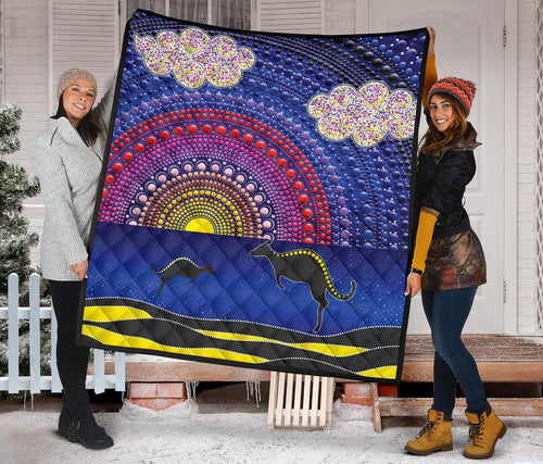 aboriginal-premium-quilt-sunset-over-the-sea-and-kangaroo-dot-painting