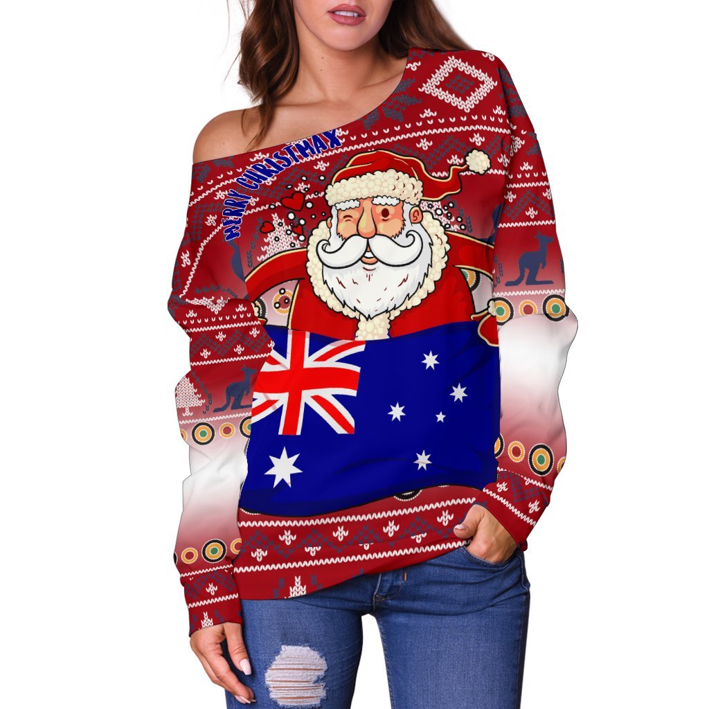 Christmas Women's Off Shoulder Sweater - Australia Santa Claus Hold The Flag ( Red) - Vibe Hoodie