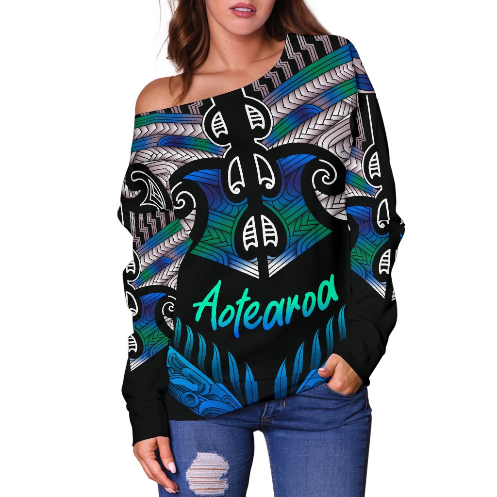 Aotearoa Women Off Shoulder Sweater Silver Fern Tangaroa - Vibe Hoodie