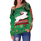 Rabbitohs Off Shoulder Sweater Indigenous Green - Vibe Hoodie