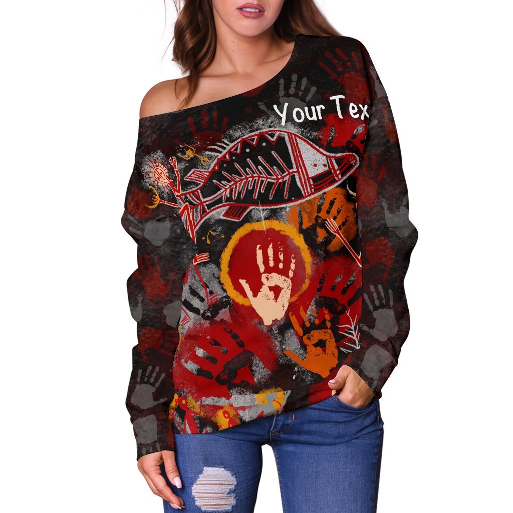 [Custom] Aboriginal Women's Off Shoulder Sweater - Indigenous Fish Hand Art - Vibe Hoodie