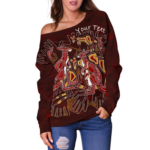 [Custom] Aboriginal Women's Off Shoulder Sweater - Kangaroo family with Hand Art - Vibe Hoodie