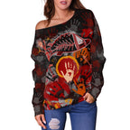 Aboriginal Women's Off Shoulder Sweater- Indigenous Fish Hand Art - Vibe Hoodie