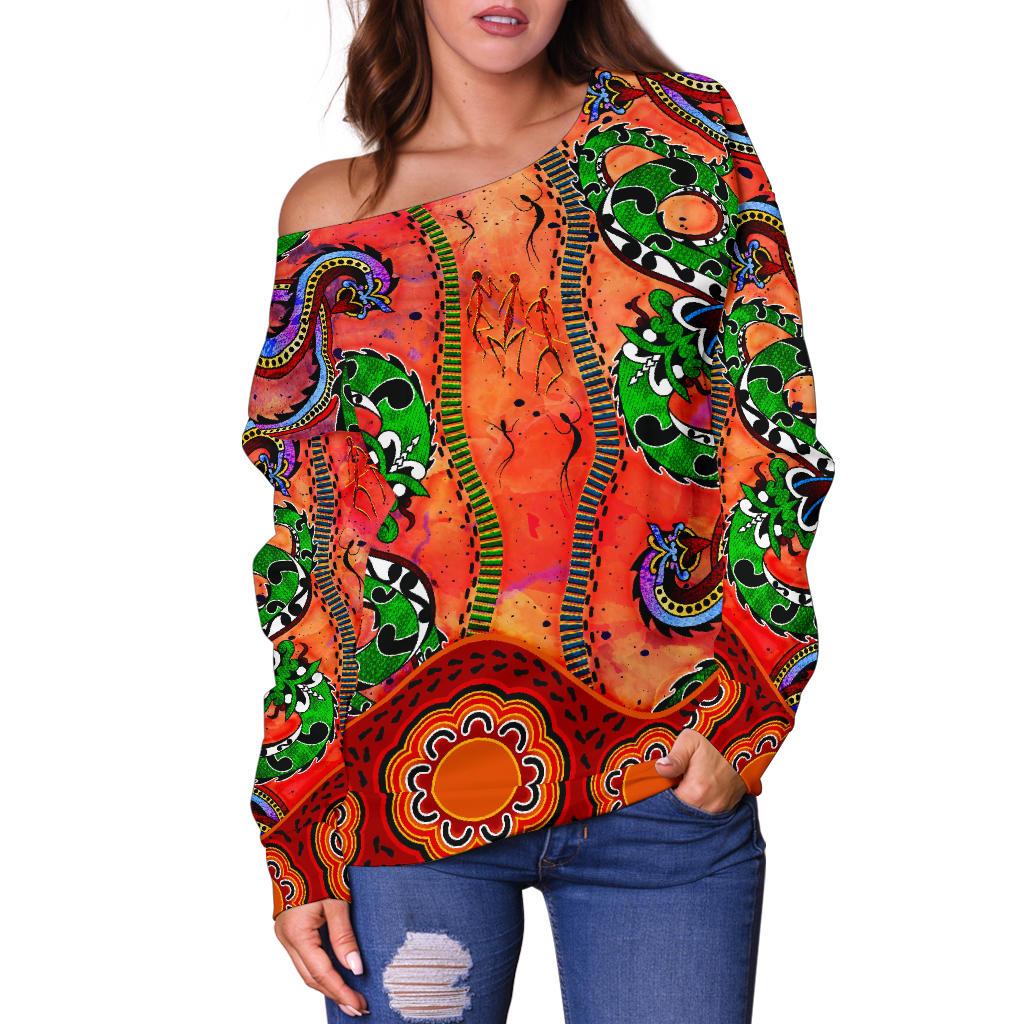 Aboriginal Women's Off Shoulder Sweater - Aussie Indigenous Patterns Orange - Vibe Hoodie