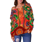 Aboriginal Women's Off Shoulder Sweater - Aussie Indigenous Patterns Orange - Vibe Hoodie