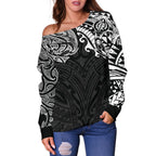New Zealand Women's Off Shoulder Sweater, Maori Polynesian Tattoo White - Vibe Hoodie