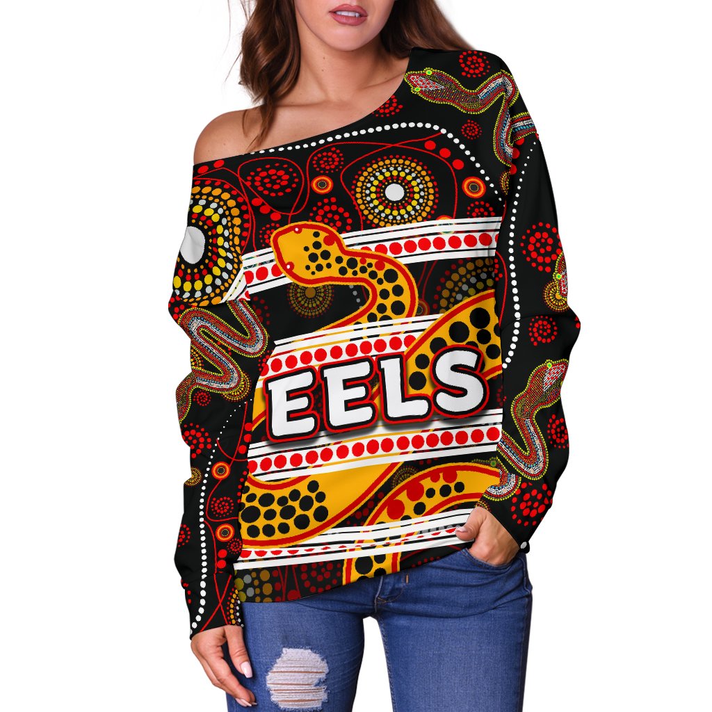 Parramatta Eels Women's Off Shoulder Sweater Tribal Style Black - Vibe Hoodie