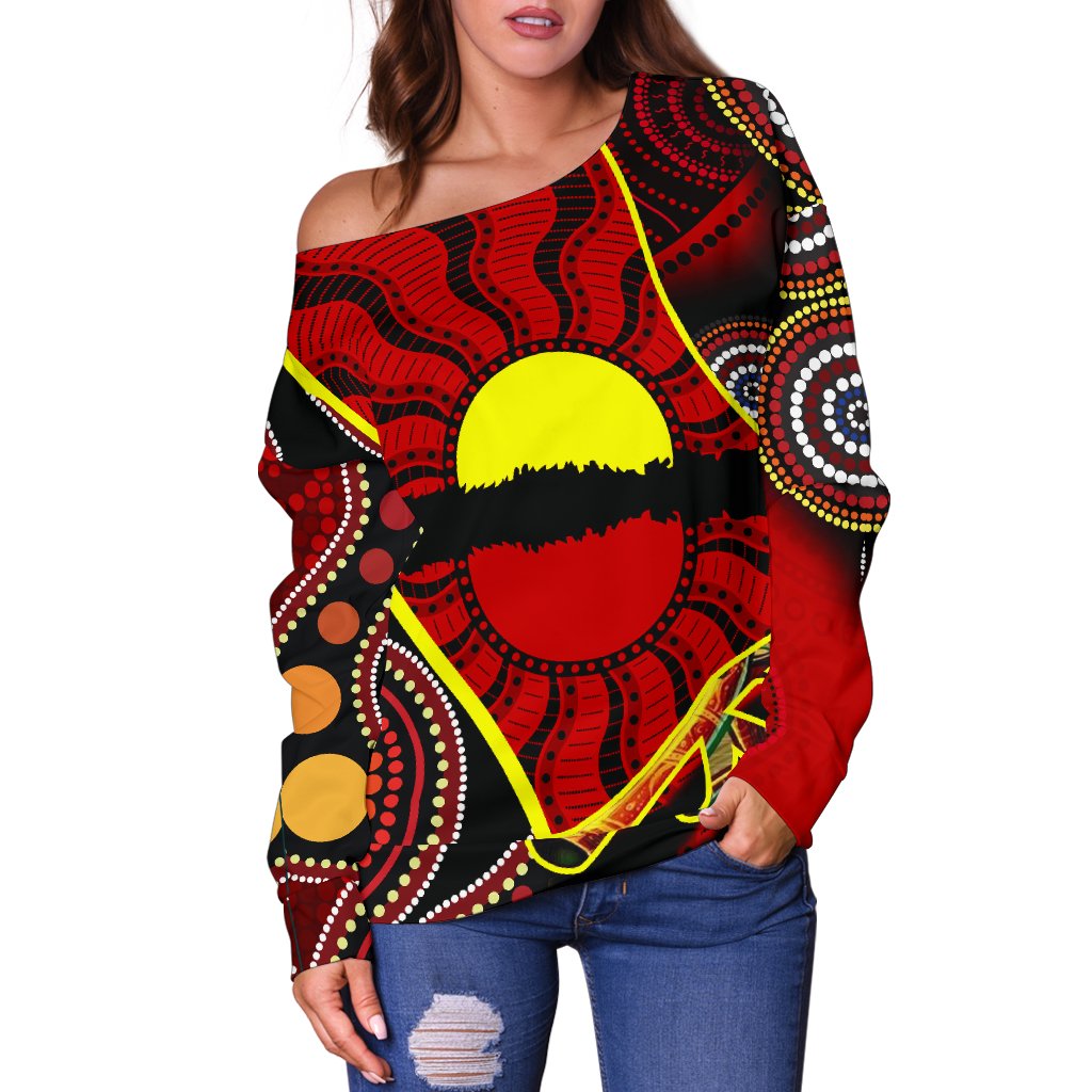 Off Shoulder Sweater - Australia Aboriginal Dots With Didgeridoo - Vibe Hoodie