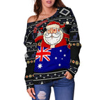 Christmas Women's Off Shoulder Sweater - Australia Santa Claus Hold The Flag ( Black) - Vibe Hoodie