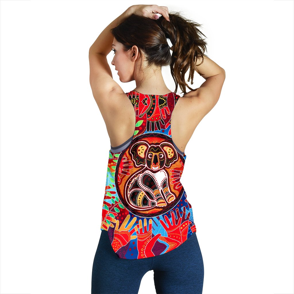 Aboriginal Women's Racerback Tank, Koala and Hand Art Dot Painting Tank Top - Vibe Hoodie