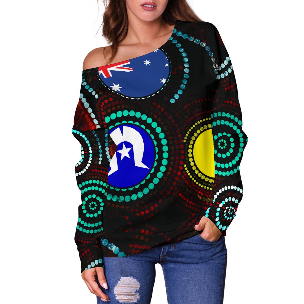 Off Shoulder Sweater - Aboriginal Dot Painting & Flag - Vibe Hoodie