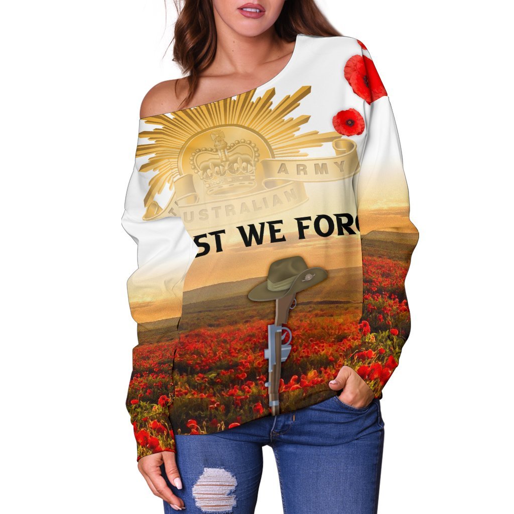 Anzac Day 2021 Women's Off Shoulder Sweater - We Will Remember Them - Vibe Hoodie