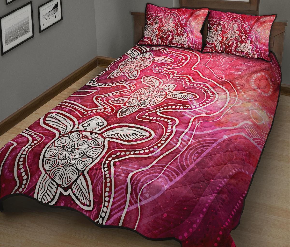aboriginal-quilt-bed-set-sea-turtle-with-indigenous-patterns-pink