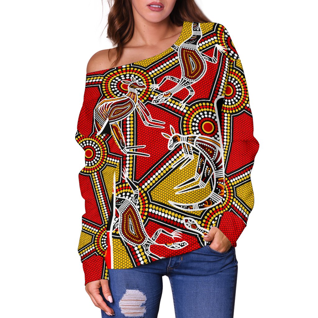 Aboriginal Women's Off Shoulder Sweater, Kangaroo Dot Painting Patterns - Vibe Hoodie
