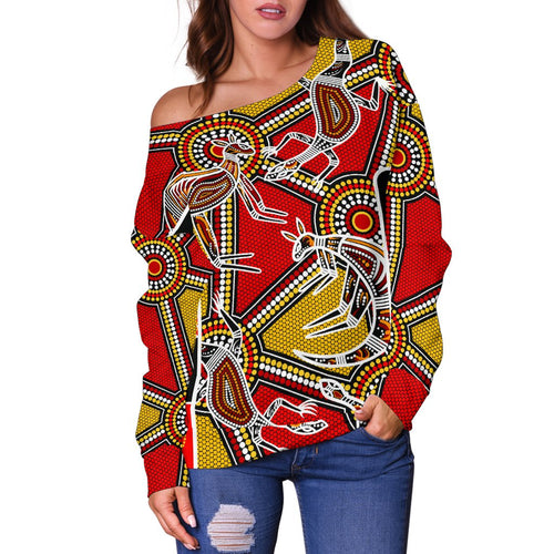 Aboriginal Women's Off Shoulder Sweater, Kangaroo Dot Painting Patterns - Vibe Hoodie