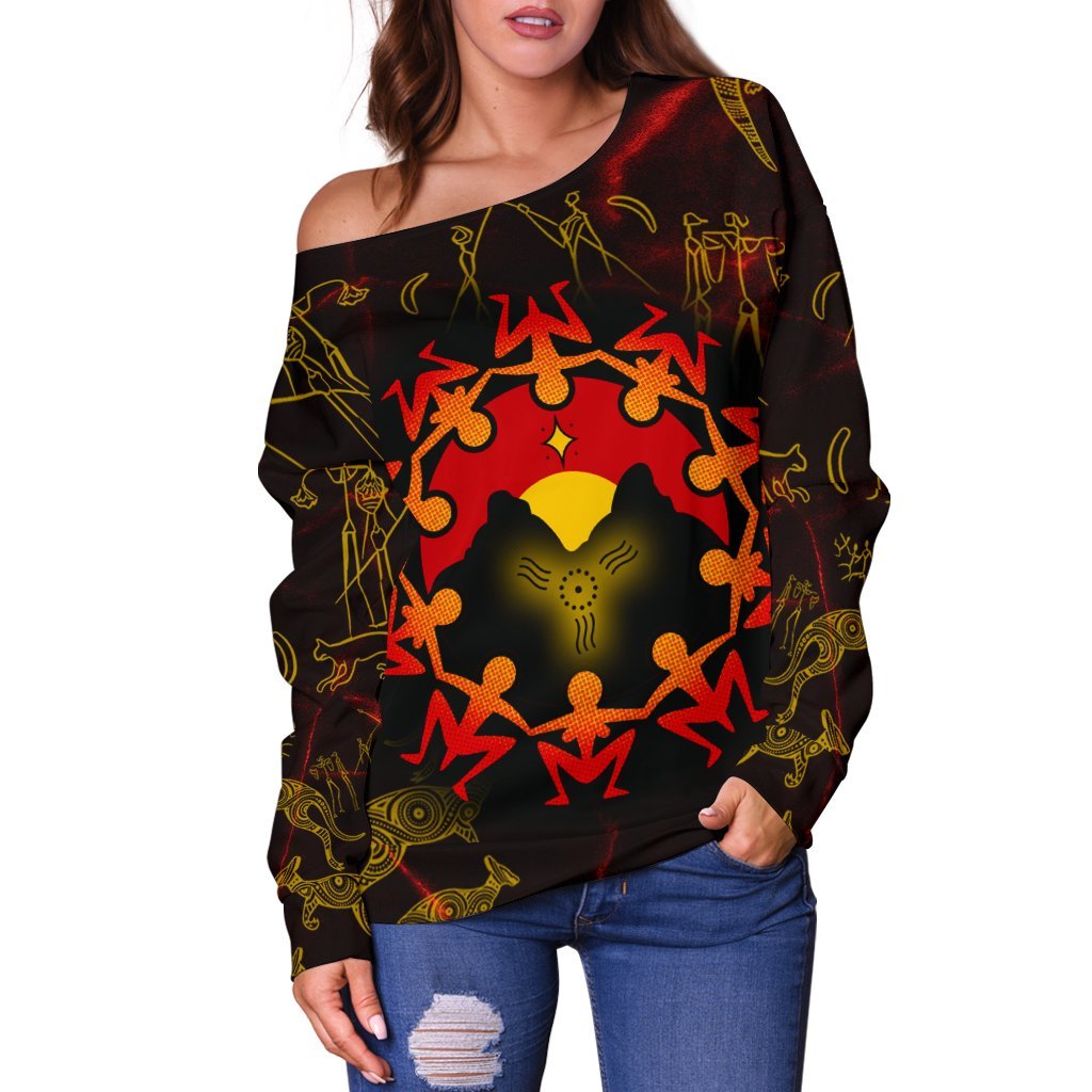 Aboriginal Women's Off Shoulder Sweater - Australia Map and Indigenous Flag - Vibe Hoodie