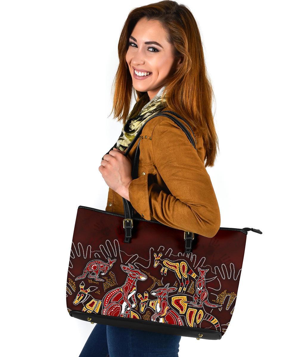 aboriginal-leather-tote-bag-kangaroo-family-with-hand-art