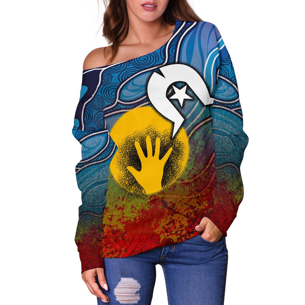 Aboriginal Women's Off Shoulder Sweater - Aboriginal and Torres Strait Islanders Flag - Vibe Hoodie